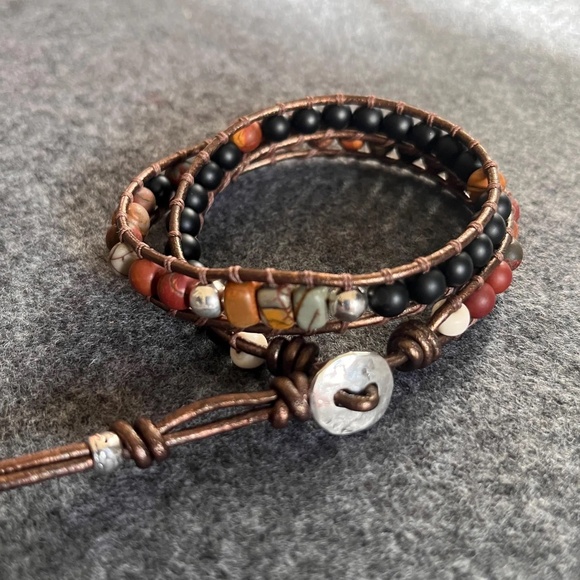 Double Wrap Leather Bracelet - Red Creek Jasper, Black Onyx, Sterling Silver - Picture 6 of 8